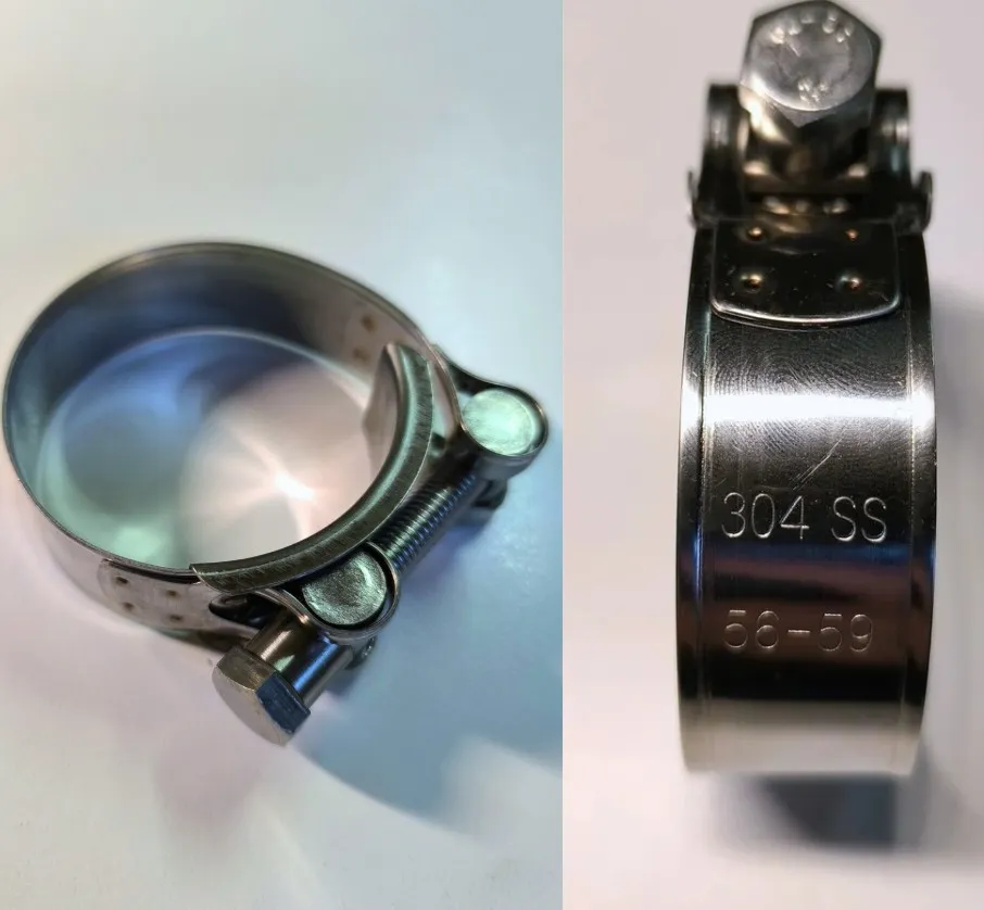 SS 304 vamzdžių sąvarža, 56–59 mm anga, 13 mm varžto galva, 8 mm storis